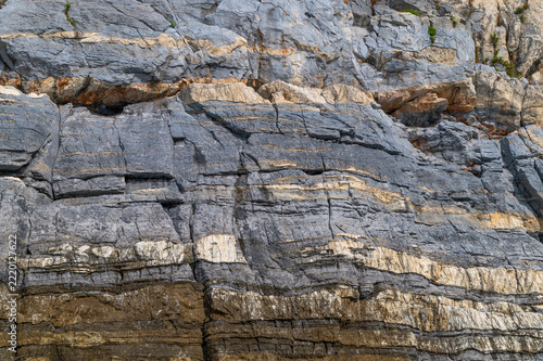 Exposed sedimentary layers revealing stratified rock on cliff
