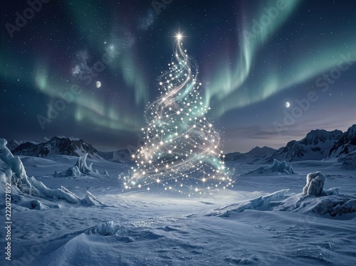 Cosmic Christmas Tree Glowing In Snowy Winter Landscape