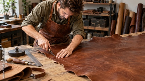 Leather craftsman trimming a brown hide along a chalk line in a bright studio