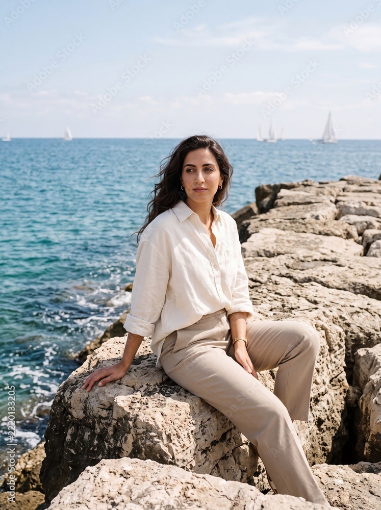 Fototapeta premium Middle Eastern Woman Relaxing on Seaside Jetty in Crisp Daytime Sunlight