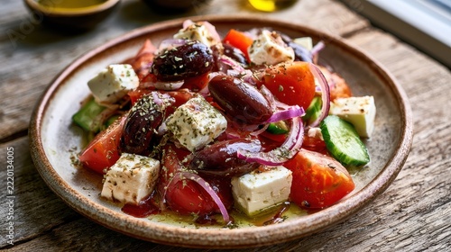 Greek salad with feta cheese, kalamata olives and fresh vegetables on a rustic plate