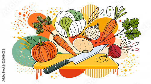 A stylish line-art illustration featuring a kitchen board, a knife, and various autumn vegetables,  preparation food