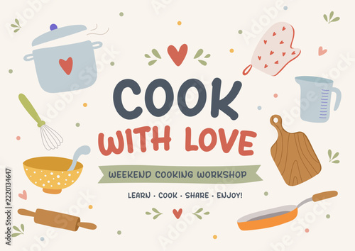 Cute cooking workshop poster with kitchen utensils. Hand drawn vector lettering and pastel banner. Retro colors poster