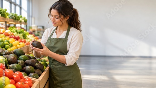 Adult dark haired grocery employee checks an avocado at a produce display. green and yellow fruit fills wooden crates. local food retail. horizontal photo in green and yellow tones under diffuse light