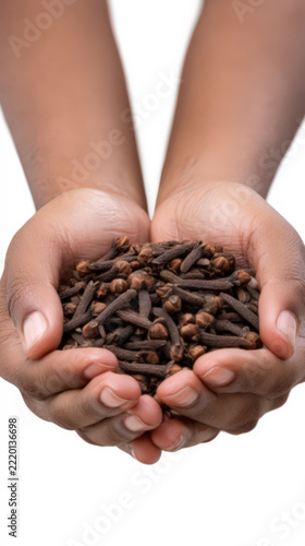 Male hands holding raw cloves, isolated on white background