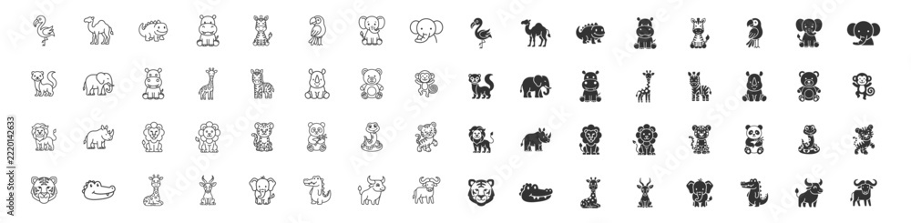 Obraz premium set of black and white cartoon wild animals icons vector illustration collection on transparent background