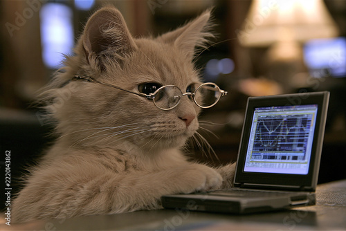 Cute Cat in Office, Wearing Glasses, Typing on Mini Laptop with Financial Charts, Serious Expression