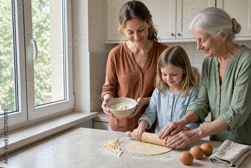 Young Girl Rolling Dough with Grandmother and Mother in Bright Sunlit Kitchen, Three Generations Baking Together and Sharing Family Cooking Traditions. Copy Space.
