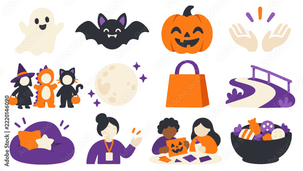 Fototapeta premium 子供たちが楽しむハロウィンの行事を描いたやさしいアイコンセット（生成AI）