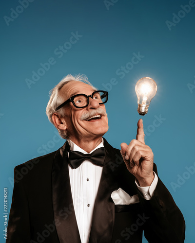 Elderly Gentleman in Formal Black Tuxedo and Glasses Pointing at Glowing Lightbulb Above Him, Joyful Surprised Expression Symbolizing Sudden Inspiration and Brilliant Idea, Blue Background, Vertical 8