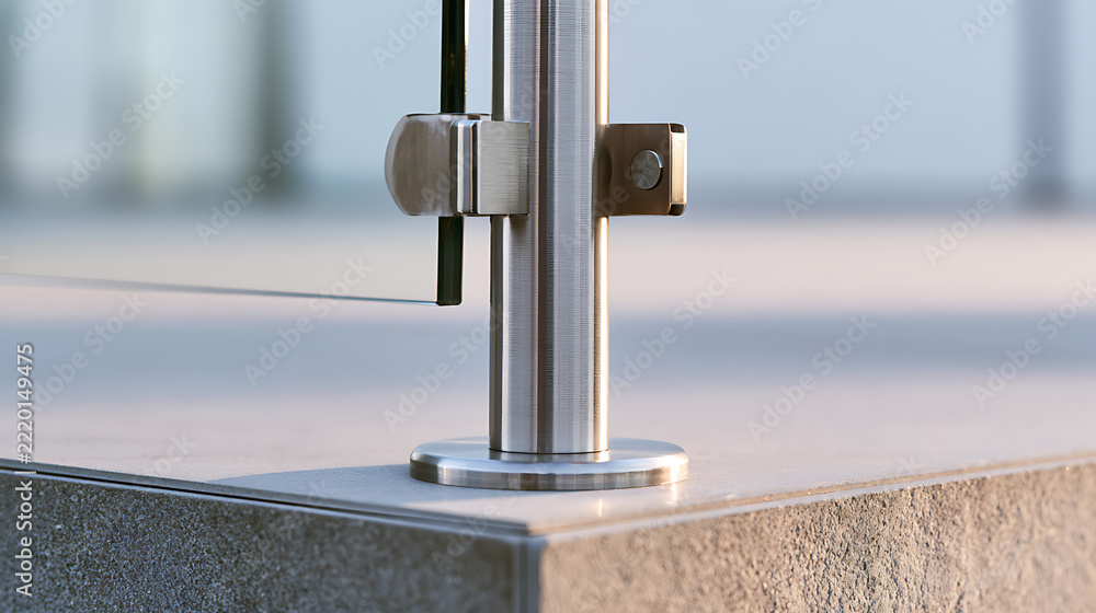 Fototapeta premium Modern stainless steel glass railing post hardware fixture detail shot on concrete balcony floor close up view industrial architecture design element