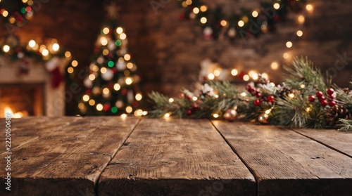 Empty wooden table with christmas theme in background