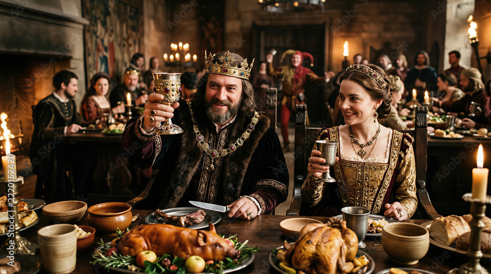© Margarita Ratatosk - King and queen toasting with golden chalices at a medieval banquet in a castle hall. Royal couple having a feast with food and guests in a historical setting. Traditional celebration.