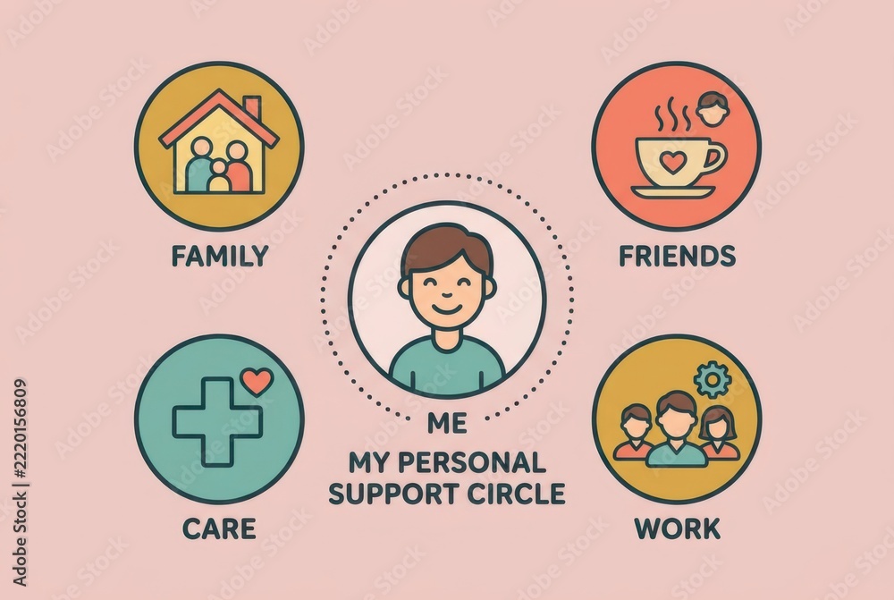 Fototapeta premium Support Network Infographic with Family Friends Care and Work
