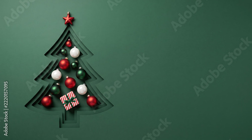 Flat-lay festive design featuring a cut-out paper Christmas tree filled with colorful ornaments, a red topper star, and a striped present against green background.