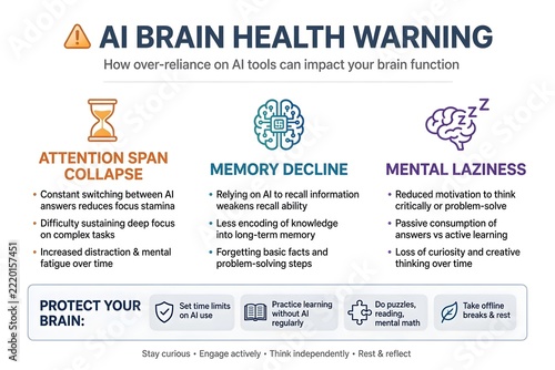 AI brain health warning infographic detailing risks of overreliance on artificial intelligence.