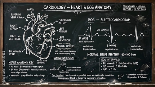 Cardiology and heart anatomy chalk illustration on a blackboard detailing chambers, coronary arteries, and electrocardiogram ECG waves.