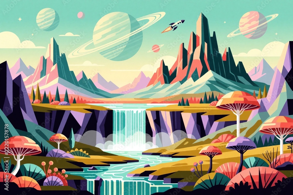 Fototapeta premium Retro futuristic alien planet landscape with geometric mountains, waterfalls. Large planets, small rocket fly through pastel sky. Surreal fantasy world features colorful mushrooms, cosmic rivers,