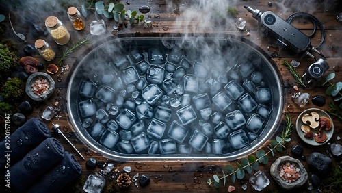 Bathtub filled with ice cubes emitting steam and surrounded by wellness items and spa accessories.