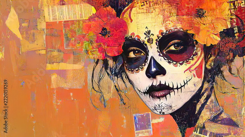 Colorful mixed media portraits of women with Mexican sugar skull makeup and vibrant floral crowns. Expressive Day of the Dead artwork with textured collage details and warm orange and pink tones.