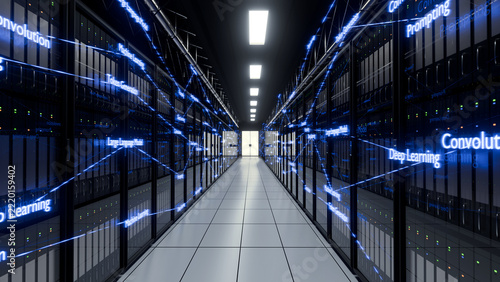 3D illustration of a data center with AI and machine learning terminology overlays