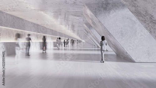 Conceptual 3D Render of a woman observing a crowd of people all moving in the same direction