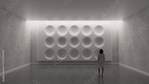 3D Illustration of a Woman observing minimalist wall art installation