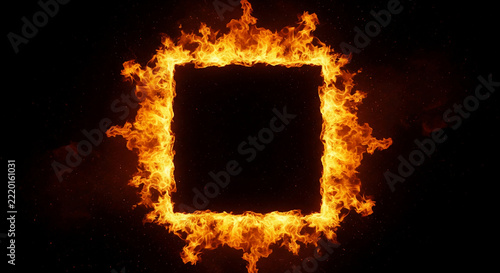 Fiery square frame with intense orange flames on black background, cinematic high-contrast lighting, ideal for creative posters, ads and overlays