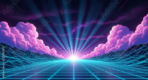 Retro 80s synthwave landscape with wireframe grid, purple clouds and glowing sun rays, suitable for music album covers, digital art and retro posters