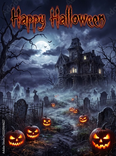 Spooky Halloween Night Scene with Glowing Jack-O-Lanterns and Haunted Mansion Background