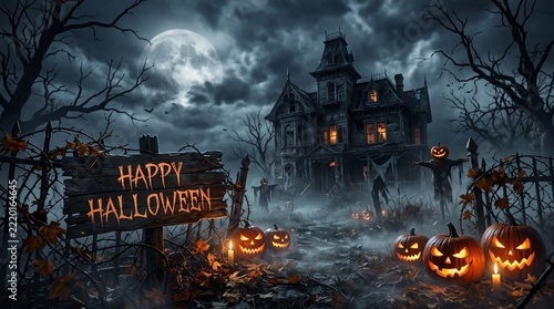 Spooky Halloween Night Landscape with Haunted Mansion and Glowing Jack-O-Lanterns