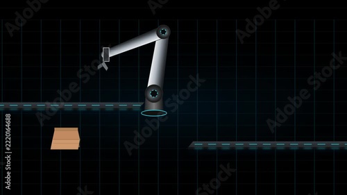 Automated Industrial Robotic Arm Picking Up Items from Conveyor Belt for Swift Packaging in Smart Factory Warehouse, 2D Graphic Animation Representing Fast Modern Logistic and Manufacturing Process