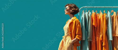 Stylish woman in orange posing beside a colorful clothing rack with teal copy space