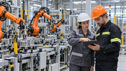 Industrial worker monitoring automation machines through a digital tablet in a smart manufacturing facility, supporting production control, equipment monitoring and industrial operations management.