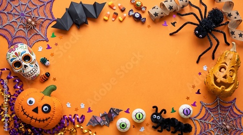 Festive Halloween Border with Pumpkins Spiders and Sugar Skull on Bright Orange Background