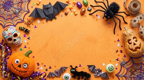 Spooky Halloween Party Frame with Assorted Decorations on Vibrant Orange Background