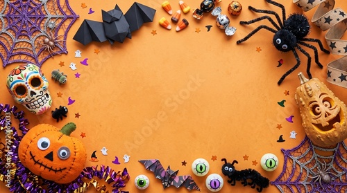 Halloween Party Decorations Border with Empty Center Space on Orange Background