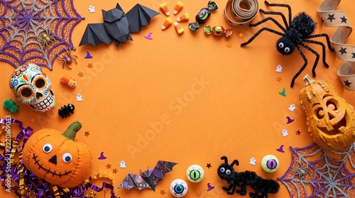 Spooky Halloween Border Frame with Assorted Festive Decorations on Orange Background