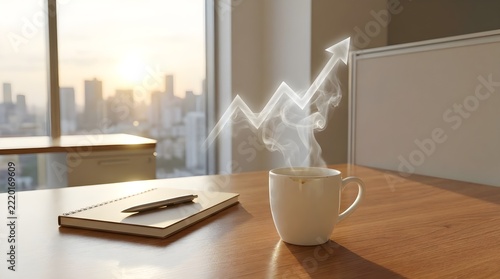 Morning Coffee Business Growth Concept With Steam Forming Rising Arrow Chart On Desk