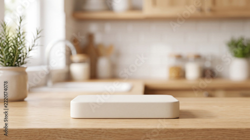 White stone podium on wooden kitchen counter with blurred background, suitable for product display, cosmetic mockups and culinary ads