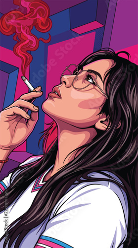 Cool woman wearing glasses smoking a cigarette with swirling pink smoke in retro