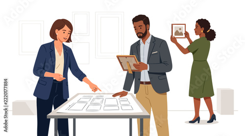 Diverse team collaborating on a project, reviewing plans and hanging artwork in a modern office or gallery setting.
