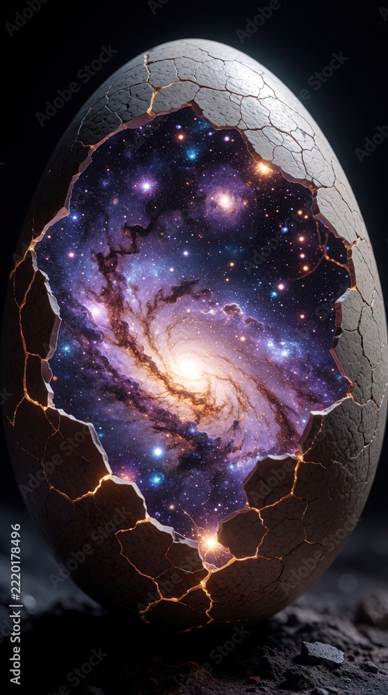 Fototapeta premium Surreal abstract art of giant cracked egg revealing glowing galaxy inside. Cosmic birth of new world with spiral nebula stars, celestial light. Mystical space concept shows universe creation within