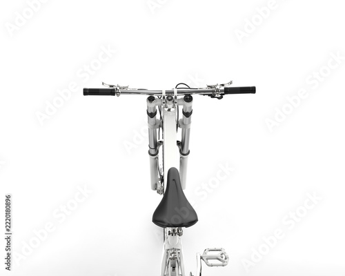 Modern metallic white cross country mountain bike, first person view