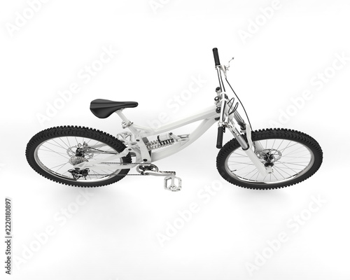 Modern metallic white cross country mountain bike, top down view