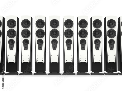 High tower sound speakers with shiny white panels and black base casing