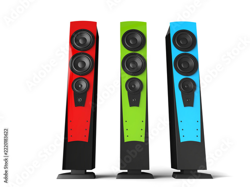 Red, green and blue high tower music speakers - front view