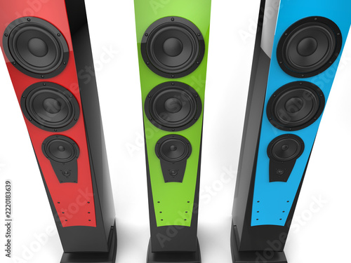 Red, green and blue high tower music speakers - close up