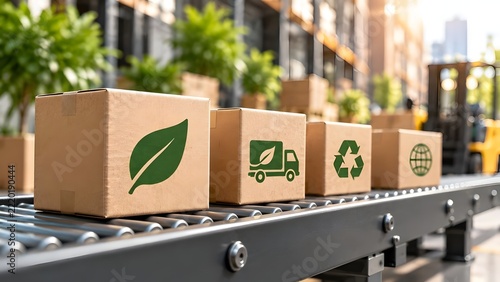 Eco friendly cardboard boxes with recycling and nature icons moving on a warehouse conveyor belt representing sustainable logistics and green supply chain management