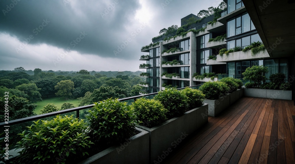 Fototapeta premium Modern apartment building features spacious wooden balcony with green plants. Large windows overlook huge park with dense trees under cloudy sky. Contemporary urban architecture offers luxury